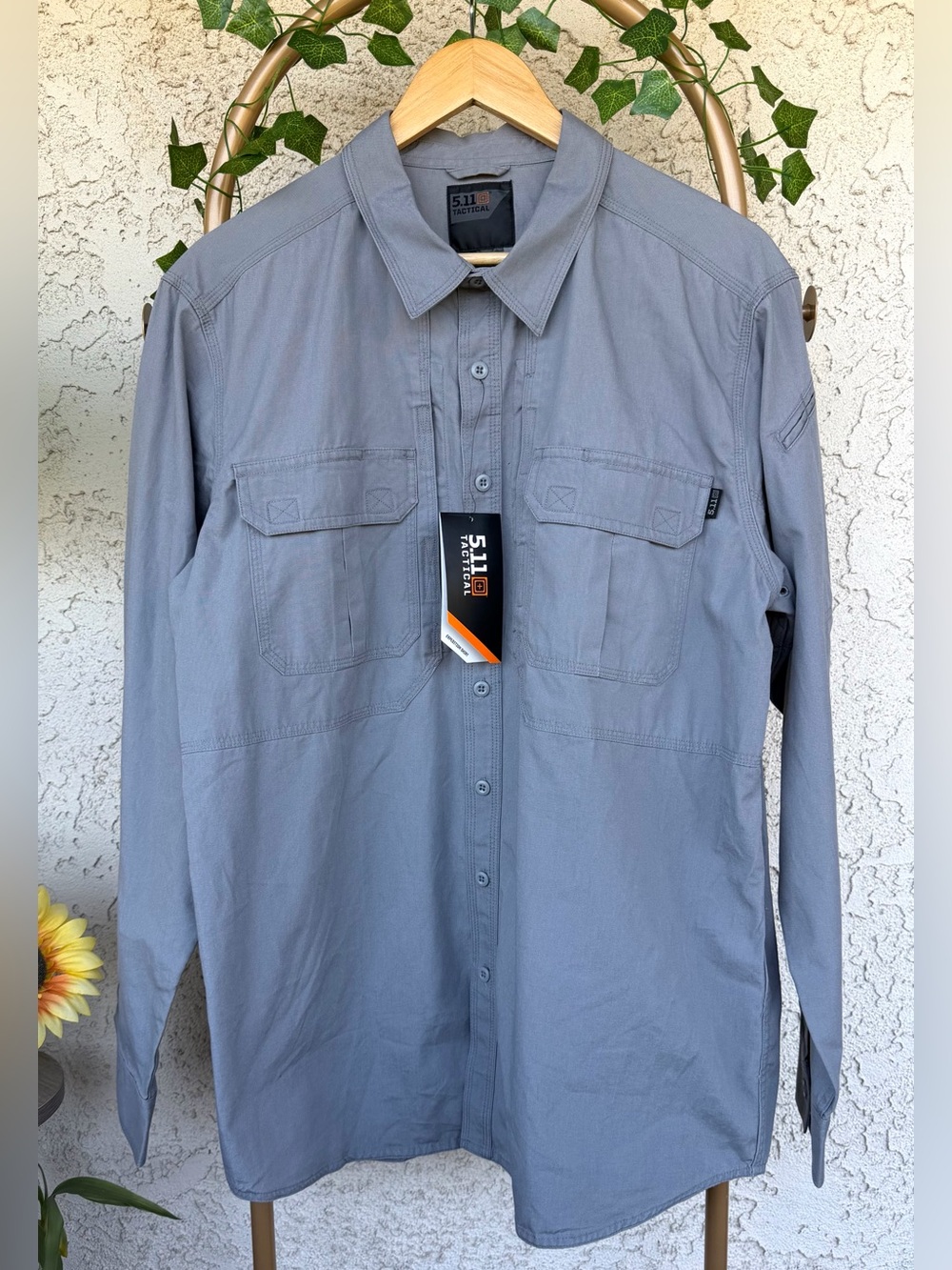 5.11 Tactical Gray Button-Up Work Shirt with Orange Logo Tag